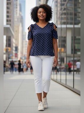 Reitmans, Navy, Polka Dot Cold Shoulder Top Stretch V-Neck, XXL Plus Size